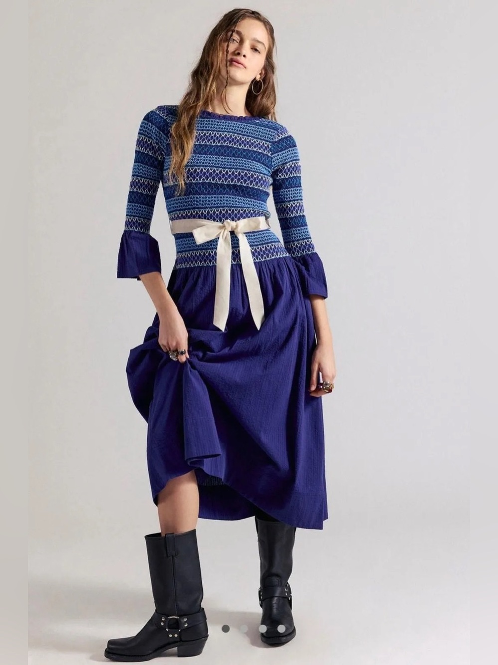 Free People Blue Patterned Knit Bodice Midi Dress with Cream Tie